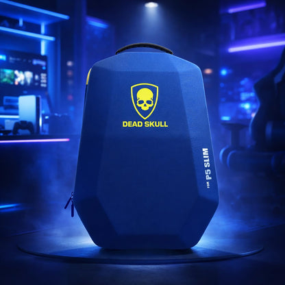 DEADSKULL Blue Hard Shell Water-Resistant Backpack Carrying Case Compatible with PS5 Slim Disc & Digital Console, Travel Storage Gaming Bag for Accessories (PS5 Slim Bag)