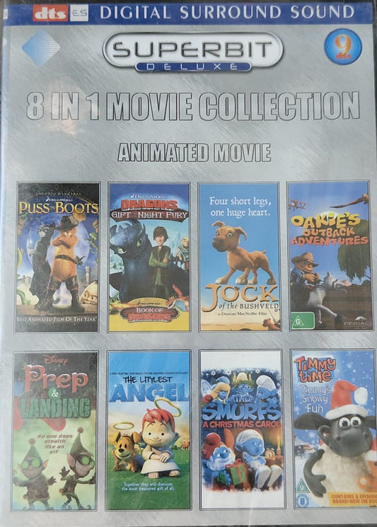 8 in 1 English Movie Collection (puss in Boots, Gift of The Night Fury, Jock, oakies outbck Adventures, prep & Landing, The Littlest Angel, The Smurfs a...
