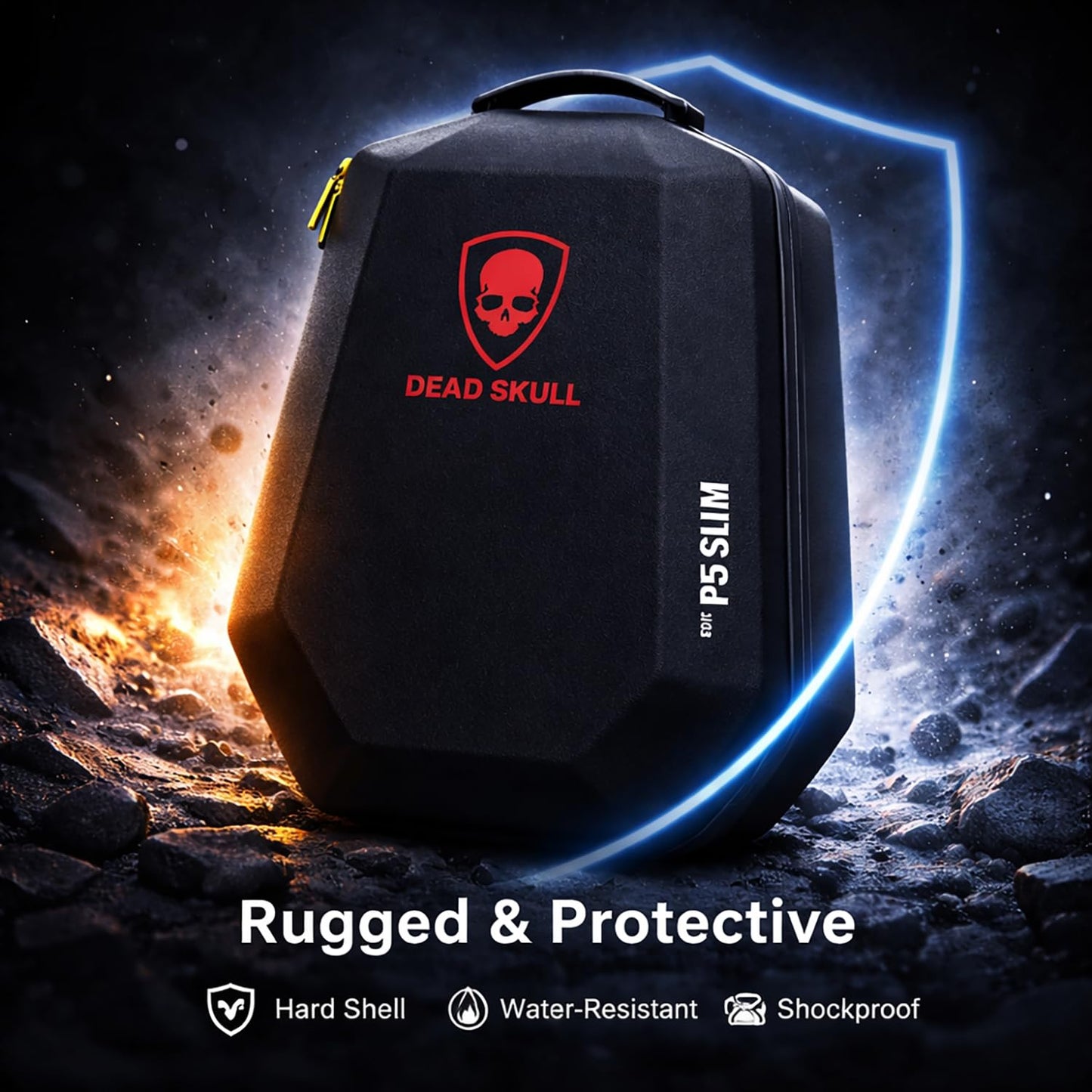 DEADSKULL Black Hard Shell Water-Resistant Backpack Carrying Case Compatible with PS5 Slim Disc & Digital Console, Travel Storage Gaming Bag for...