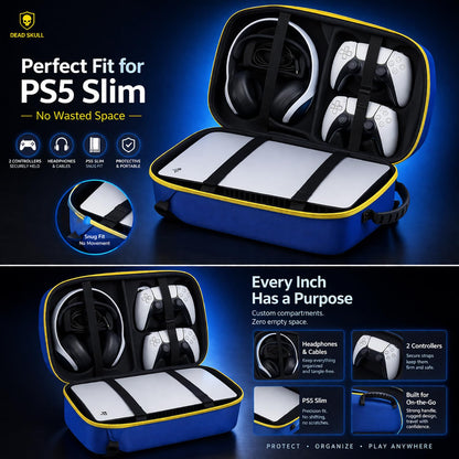 DEADSKULL Blue Hard Shell Water-Resistant Backpack Carrying Case Compatible with PS5 Slim Disc & Digital Console, Travel Storage Gaming Bag for Accessories (PS5 Slim Bag)