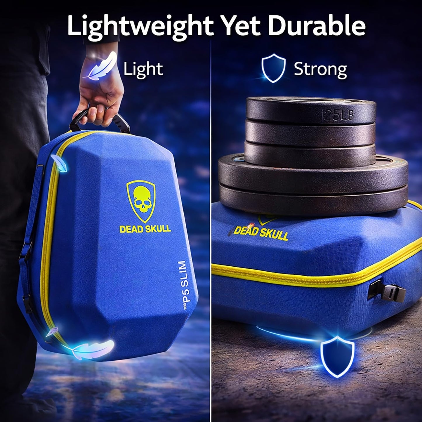 DEADSKULL Blue Hard Shell Water-Resistant Backpack Carrying Case Compatible with PS5 Slim Disc & Digital Console, Travel Storage Gaming Bag for Accessories (PS5 Slim Bag)