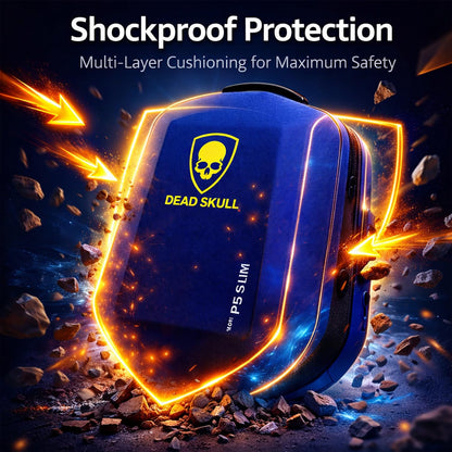 DEADSKULL Blue Hard Shell Water-Resistant Backpack Carrying Case Compatible with PS5 Slim Disc & Digital Console, Travel Storage Gaming Bag for Accessories (PS5 Slim Bag)