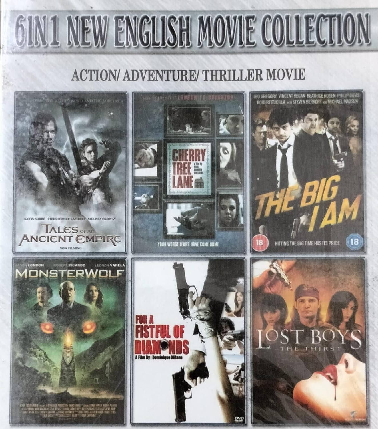 6 in 1 English Movie Collection (thales Ancient Empire, Cherry Tree Lane, The Big i am, monsterwolf, for a Fistful of Diamonds, Lost Boys) DVD