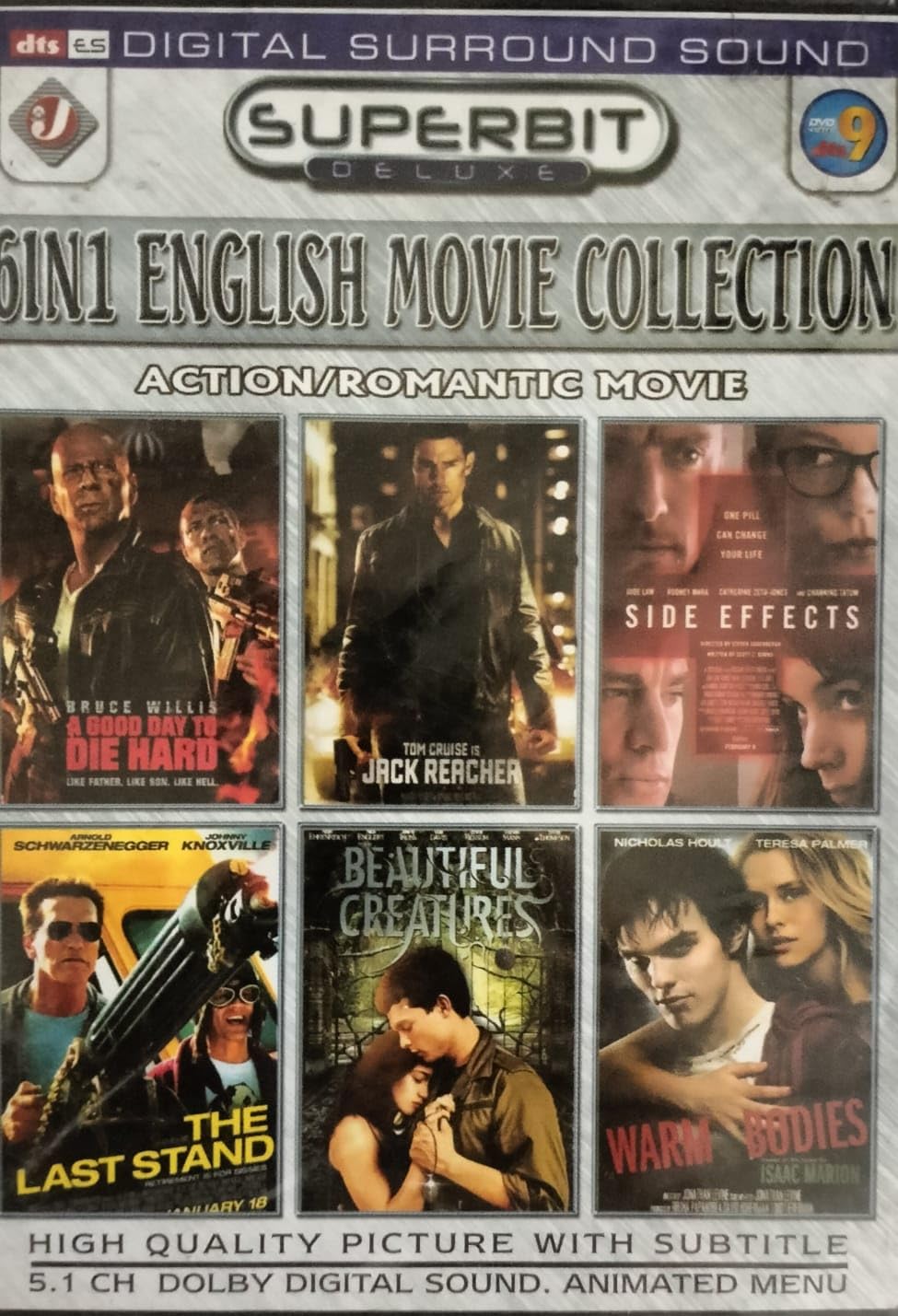 6 in 1 English Movie Collection (a Good Day to die Hard, Jack Reacher, Side Effects, The Last Stand, Beautiful Creatures, Warm Bodies) DVD