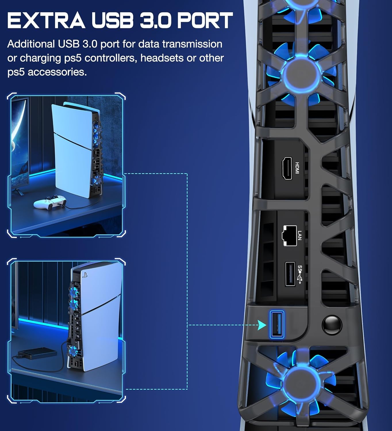 OIVO INDIA PS5 Slim Silent Cooling Fan USB 3.0 Port, 3 Levels Cooler With LED Efficient System for Both PS5 Slim Disc and Digital Editions (PS5 Slim...